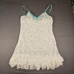 Victorias Secret White Lace Chemise Turquoise Trim Gold Key Charm Ruffle Hem L